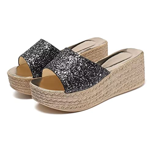 Lymphvity Damen-Sandalen mit offenem Zehenbereich, Keilabsatz, Sommermode, Outdoor, Plateau, hoher Absatz, lässiges Kleid, Strasssteine, Keilsandalen, Schwarz, 35 EU von Lymphvity