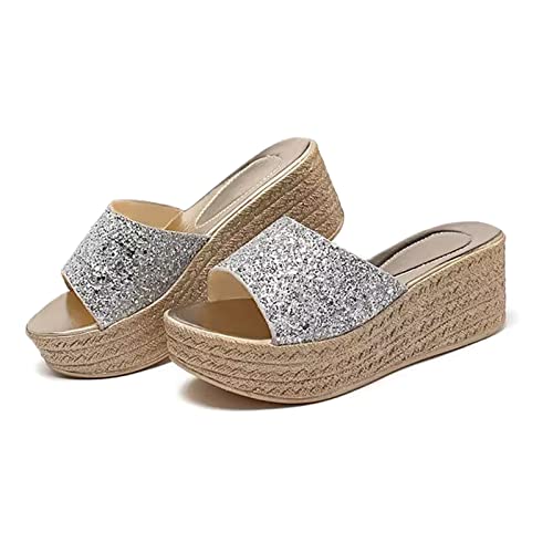 Lymphvity Damen-Sandalen mit offenem Zehenbereich, Keilabsatz, Sommermode, Outdoor, Plateau, hoher Absatz, lässiges Kleid, Strasssteine, Keilsandalen, silber, 34 EU von Lymphvity