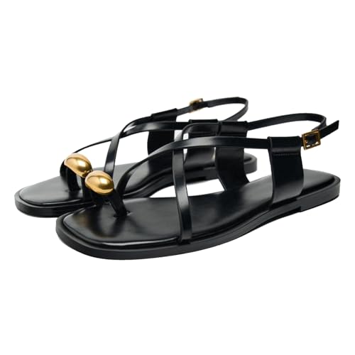 Lymphvity Flache Sandalen für Damen, Metallzehenring, Riemchen, offener quadratischer Zehenbereich, Gladiator-Schnürung, mit Schnallenriemen, lässig, Sommer, Strand, Slides, Schwarz, 38.5 EU von Lymphvity
