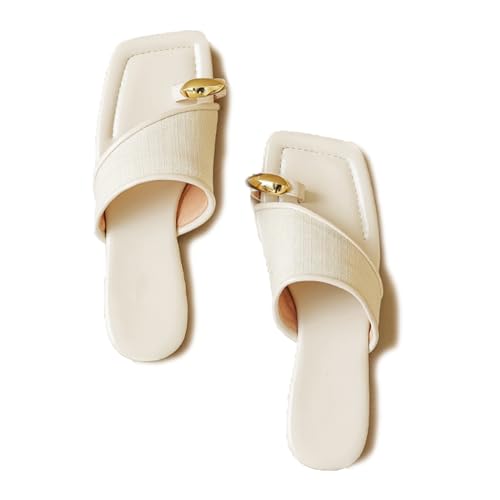 Lymphvity Flache Sandalen für Damen, mit Ringzehen, Metall, Sommer, Slipper, quadratisch, offener Zehenbereich, rutschfest, Strand-Flats, Beige, 35 EU von Lymphvity