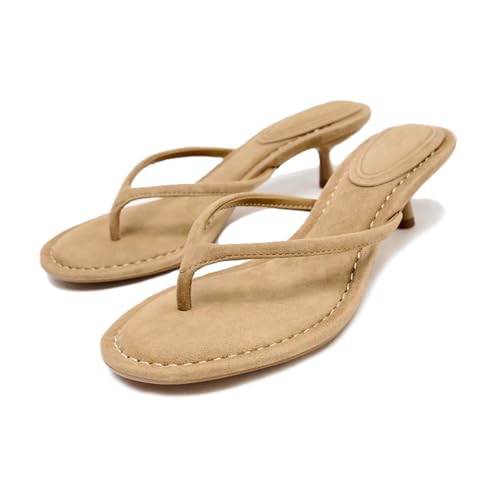Lymphvity Offene Flip-Flops mit runder Zehenpartie für Damen, Kätzchen-Absätze, Sandalen, bequem, Sommer, Slipper, Zehensandalen mit Zehen, Sandalen mit Memory-Schaum, Braun, 36 EU von Lymphvity