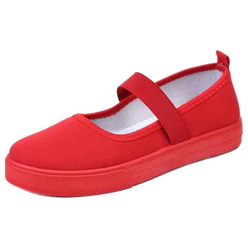Mary Jane Damen-Schuhe, Segeltuch, runde Zehe, leichte orthopädische Schuhe, mit Fußgewölbeunterstützung, Komfort, lässig, Krankenschwester, Arbeit, flache Schuhe, Rot/Ausflug, einfarbig (Getaway von Lymphvity