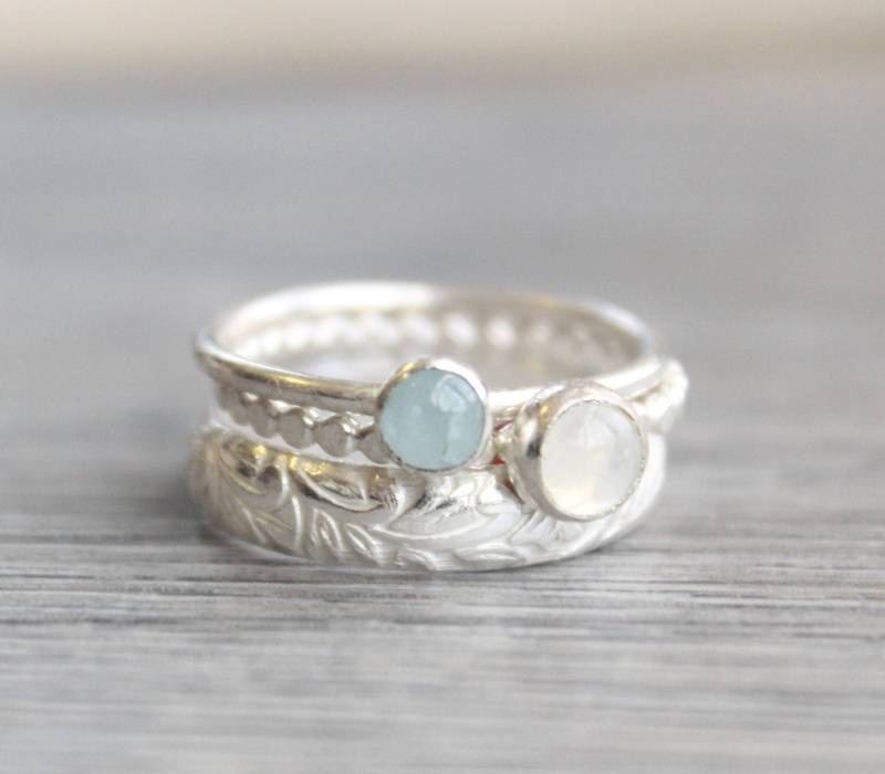 Aquamarin Mondstein Ring Set Stapelringe Aus Sterlingsilber von LyndyLouDesigns