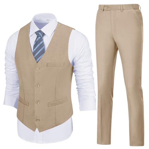 Herren Slim Fit 2-teiliges Anzug-Set V-Ausschnitt Solid Kleid Anzug Weste Hose Hochzeit Abschlussball Smoking für Männer, Champagner, L von Lynerun