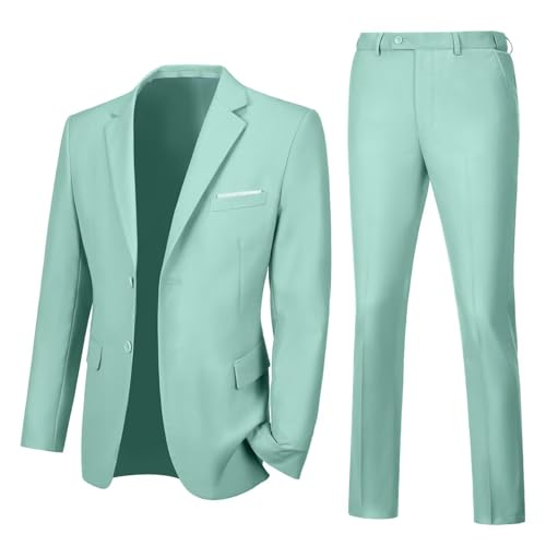 Lynerun Herren Slim Fit 2-teiliger Anzug mit Zwei Knöpfen Gekerbtes Revers Solide Anzug Jacke Hose Set Smoking für Abschlussball, Mintgrün, S von Lynerun