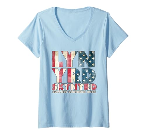 Damen Lynyrd Skynyrd Flagge Logo US Stars Stripes Rock 70er Jahre Southern T-Shirt mit V-Ausschnitt von Lynyrd Skynyrd