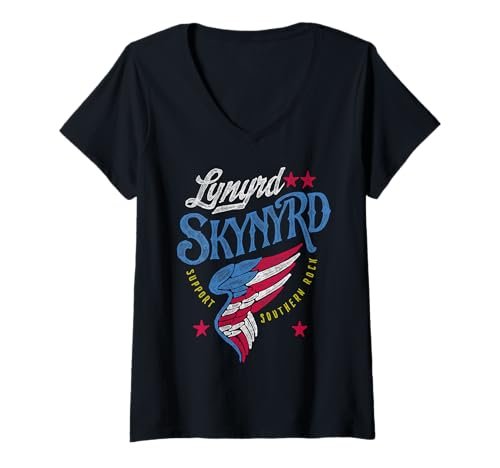 Damen Lynyrd Skynyrd Support Southern 70er Jahre Rock Wing Flag Stars T-Shirt mit V-Ausschnitt von Lynyrd Skynyrd