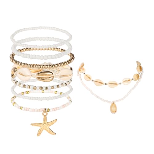 Lyreh 5stk Strandarmbänder für Damen, mit 2stk Handgefertigten Muschelketten im Boho Stil Verstellbarer Stapelbarer Sommerschmuck für den Urlaub am Meer von Lyreh