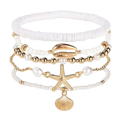 Lyreh Perlen-Fußkettchen-Set für Damen, Verstellbare Boho-Gold-Strandkettchen mit Perle Muschel Seestern Anhänger Scheibe Hawaiisch Fußschmuck für Sommer Geschenke von Lyreh