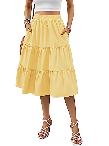 Lyrur Damen Floral Midi Rock mit Taschen Hohe Elastische Taille Flowy Rüschen Casual Sommer Boho Aline Röcke, gelb, X-Groß von Lyrur