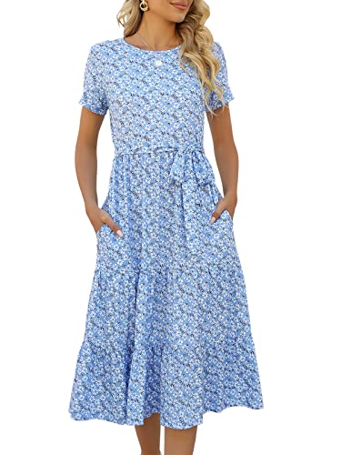 Lyrur Damen Kleider Casual Sommer gestuft Midi Kleid Kurzarm Gürtel Rüschen Babydoll Boho Sommerkleid mit Taschen, Blau Gänseblümchen, Groß von Lyrur