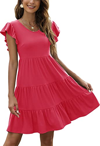 Lyrur Sommerkleid für Frauen, Strand, niedliche Rüschenärmel, Mini-Baumwolle, fließend, gestuft, Babydoll, lässig, schwarz, Boho-Sommerkleider, korallenrot, Mittel von Lyrur