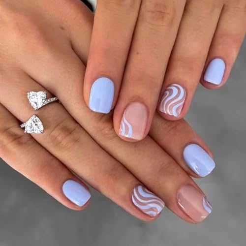 24 Stück Press-On Nägel Kurz Eckig – Rosa Blau French Tips | Full Cover Kunstnägel mit Klebepads | Sommer Look | Künstliche Fingernägel für Damen & Mädchen (Blau W875) von Lyvora