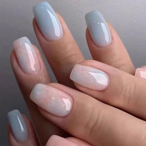 24 Stück Press-On Nägel Kurz Eckig – Rosa Blau French Tips | Full Cover Kunstnägel mit Klebepads | Sommer Look | Künstliche Fingernägel für Damen & Mädchen (Blau W998) von Lyvora