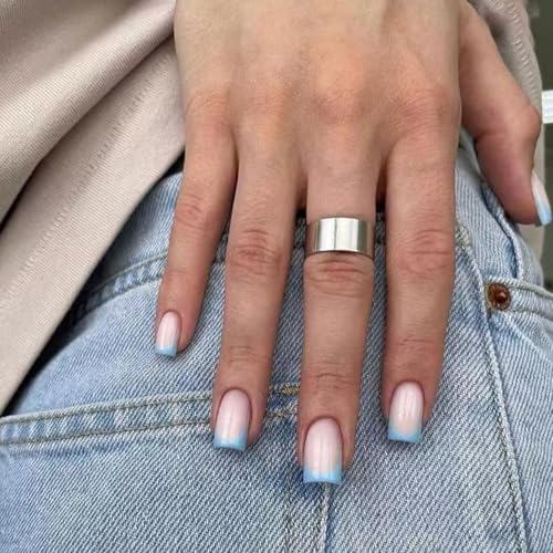 24 Stück Press-On Nägel Kurz Eckig – Rosa Blau French Tips | Full Cover Kunstnägel mit Klebepads | Sommer Look | Künstliche Fingernägel für Damen & Mädchen (Blaues French Design W1227) von Lyvora