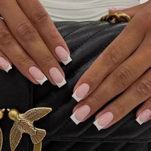 24 Stück Press-On Nägel Kurz Eckig – Rosa Blau French Tips | Full Cover Kunstnägel mit Klebepads | Sommer Look | Künstliche Fingernägel für Damen & Mädchen (Nude W900) von Lyvora