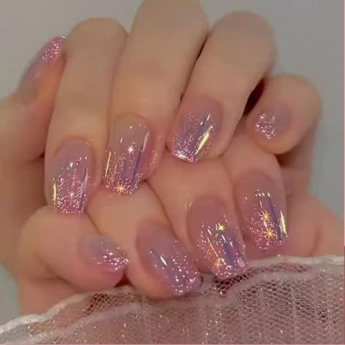 24 Stück Press-On Nägel Kurz Eckig – Rosa Blau French Tips | Full Cover Kunstnägel mit Klebepads | Sommer Look | Künstliche Fingernägel für Damen & Mädchen (Rosa W1021) von Lyvora