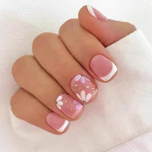 24 Stück Press-On Nägel Kurz Eckig – Rosa Blau French Tips | Full Cover Kunstnägel mit Klebepads | Sommer Look | Künstliche Fingernägel für Damen & Mädchen (Rosa W1214) von Lyvora