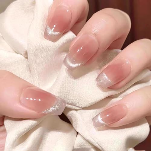 Stück Handgemachte Press-On Nägel, Glossy Milchig & Pink Oval Nägel zum Aufkleben, French Design, Mittel Mandel Fake Nails für Damen, Wiederverwendbar & Natürlich (1031 S, S) von Lyvora