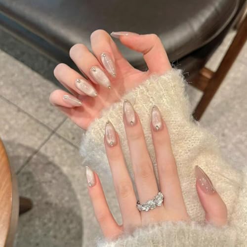 Stück Handgemachte Press-On Nägel, Glossy Milchig & Pink Oval Nägel zum Aufkleben, French Design, Mittel Mandel Fake Nails für Damen, Wiederverwendbar & Natürlich (2756 M, M) von Lyvora