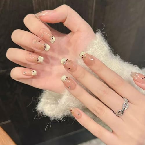 Stück Handgemachte Press-On Nägel, Glossy Milchig & Pink Oval Nägel zum Aufkleben, French Design, Mittel Mandel Fake Nails für Damen, Wiederverwendbar & Natürlich (Gelb 2546, L) von Lyvora
