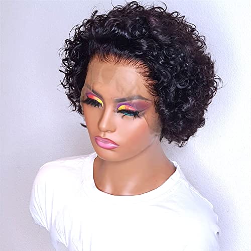 Damenperücken Haarersatz Perücken 8 Zoll kurze lockige Echthaarperücken 13X1 transparente Spitzeperücke for Frauen europäisches Haar kurze Spitzefrontperücke lockiges Haar geschnittene Spitze Perücke von Lzeal