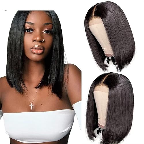 Damenperücken Haarersatz Perücken Brasilianische kurze Bob-Perücken mit Knochen, gerade Echthaarperücken, vorgezupfter Mittelteil, Spitze, Bob-Perücken for schwarze Frauen, 150 % Remy-Haar-Perücken Pe von Lzeal
