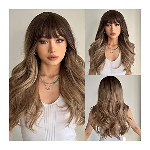 Damenperücken Haarersatz Perücken Perücke mit Pony, 24 Zoll, Kunsthaar, lange, gewellte Perücken for Frauen, synthetische, gewellte Perücken, hitzebeständige Haare, lange Perücken for die tägliche Par von Lzeal