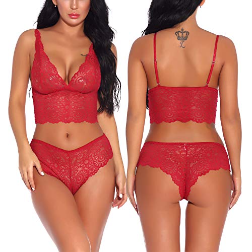 Lziizl Damen Sexy Spitze BH und Panty Set Bralette Dessous 2-teilig Babydoll Body S-XXL, rot, Large von Lziizl