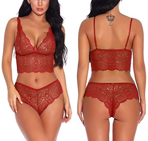 Lziizl Damen Sexy Spitze BH und Panty Set Bralette Dessous 2-teilig Babydoll Body S-XXL - Rot - Mittel von Lziizl