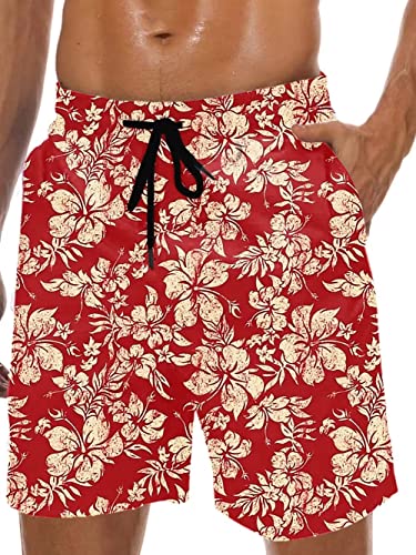 Herren-Badehose, Hawaii-Badehose, Netzfutter, Badeanzüge, Strandshorts mit Taschen, Rot-gelbe Blume, L von Lzzidou