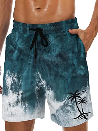 Herren Badehose Quick Dry Hawaiian Board Shorts Mesh Lining 9 Inch Inseam Beach Shorts mit Taschen, Grüne Weiß-Meereswelle, L von Lzzidou