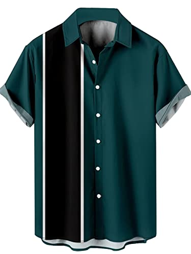 Herren Vintage Bowling Hemd 50er Jahre Retro Kurzarm Button Down Hawaiihemden, Smaragdrün, XX-Large von Lzzidou