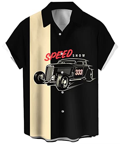 Bowling-Shirts für Herren, Vintage-Stil, 1950er-Jahre, lässig, kurzärmelig, Knopfleiste, kontrastierendes Hemd, Sommer, Farbblock, kubanische Hemden, 333 Car, 3X-Groß von Lzzidou
