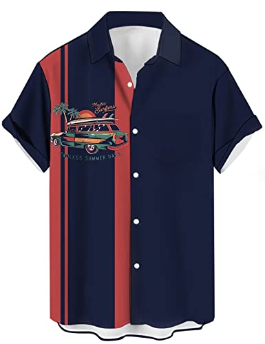 Herren Vintage Bowling Shirt 1950er Retro Kurzarm Button Down Shirts, Hawaiian Navy, 3X-Groß von Lzzidou