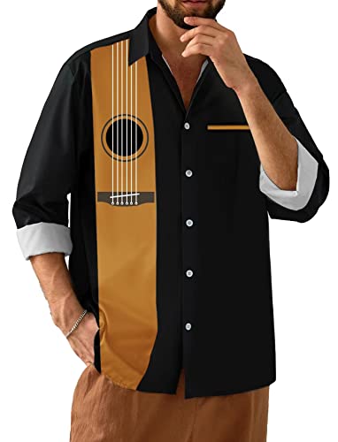 Herren Vintage Bowling Shirt 1950er Retro Langarm Button Down Shirts, Gelb / Schwarz, 3X-Groß von Lzzidou