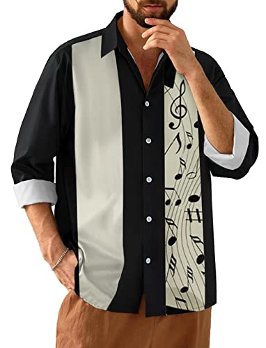 Herren Vintage Bowling Shirt 1950er Retro Langarm Button Down Shirts, Schwarze Musiknote, XX-Large Herren Vintage Bowling Shirt 1950er Retro Langarm Button Down Shirts, Schwarze Musiknote, XX-Large von Lzzidou