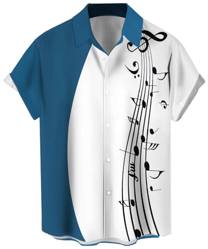 Herren Vintage Bowling Shirt 1950er Retro Rockabilly Stil Kurzarm Button Down Musik Hawaiihemden, Musiknote, Weiß / Blau, XL von Lzzidou
