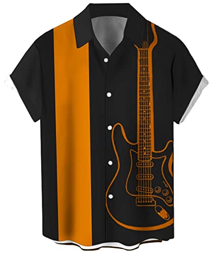 Herren Vintage Bowling Shirt 1950er Retro Rockabilly Stil Kurzarm Button Down Musik Hawaiihemden, Gitarre in Orange und Schwarz, XL von Lzzidou
