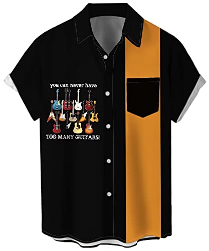 Herren Vintage Bowling Shirt 1950er Retro Rockabilly Stil Kurzarm Button Down Musik Hawaiihemden, Gitarre-viele, Klein von Lzzidou