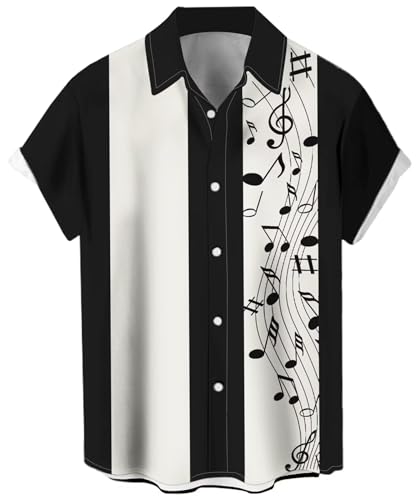 Herren Vintage Bowling Shirt 1950er Retro Rockabilly Stil Kurzarm Button Down Musik Hawaiihemden, Musiknote, Weiß / Schwarz, Klein von Lzzidou