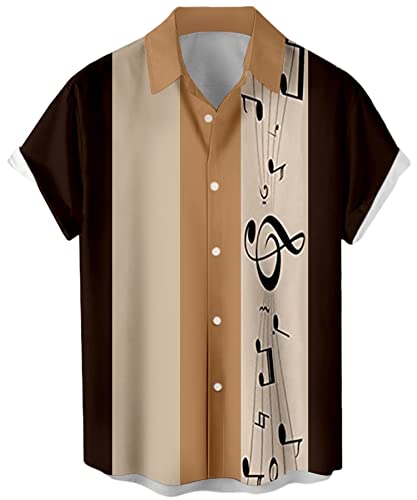 Herren Vintage Bowling Shirt 1950er Retro Rockabilly Stil Kurzarm Button Down Musik Hawaiihemden, Musiknote, beigebraun, 3X-Groß von Lzzidou