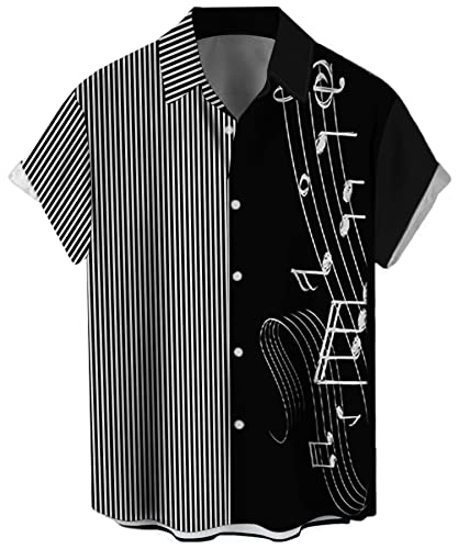 Herren Vintage Bowling Shirt 1950er Retro Rockabilly Stil Kurzarm Button Down Musik Hawaiihemden, Musiknote, schwarz gestreift, 3X-Groß von Lzzidou