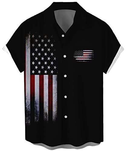 Herren Vintage Bowling Shirt 1950er Retro Rockabilly Stil Kurzarm Button Down Musik Hawaiihemden, Patriotic-black, XL von Lzzidou