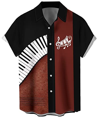 Herren Vintage Bowling Shirt 1950er Retro Rockabilly Stil Kurzarm Button Down Musik Hawaiihemden, Piano-Red Balck, XL von Lzzidou