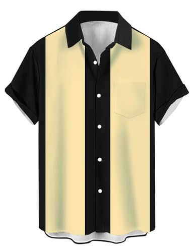 Herren Vintage Bowling Shirts Kurzarm Knopfleiste Farbblock Kuba Shirt, Schwarz und Gelb, 3X-Groß von Lzzidou