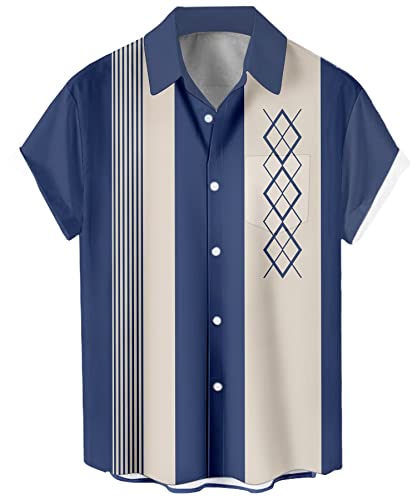 Herren Vintage Poker Bowling Shirt 1950er Retro Kurzarm Button Down Hawaiihemden, Blaue Aprikose Geometrisch, Mittel von Lzzidou