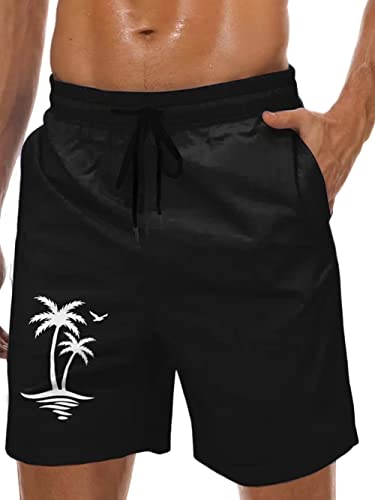 Lzzidou Herren Badehose Quick Dry Hawaii Boardshorts Gefüttert Strandshorts mit Taschen, Schwarzer Kokosbaum, XL von Lzzidou