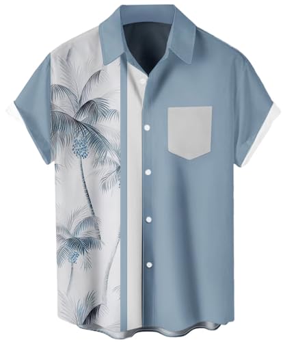Lzzidou Herren Hawaiihemd Kurzarm Button Down Strandhemden, blau; grau, Mittel von Lzzidou