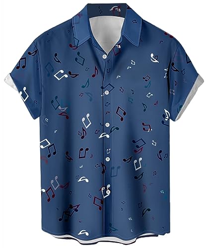 Lzzidou Herren Vintage Bowling Shirt 1950er Retro Rockabilly Stil Kurzarm Button Down Musik Hawaii Hemden, Musiknote, Marineblau, XL von Lzzidou